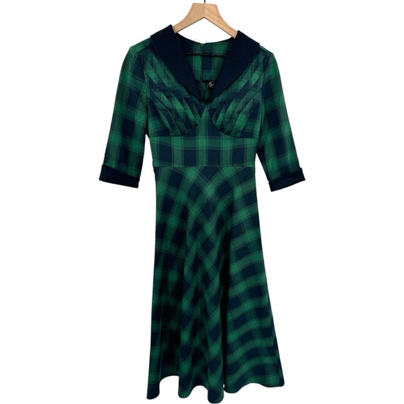 Voodoo Vixen Lola Retro Plaid Fit & Flare Midi Swing Dress -Green & Navy - Small - Picture 2 of 12